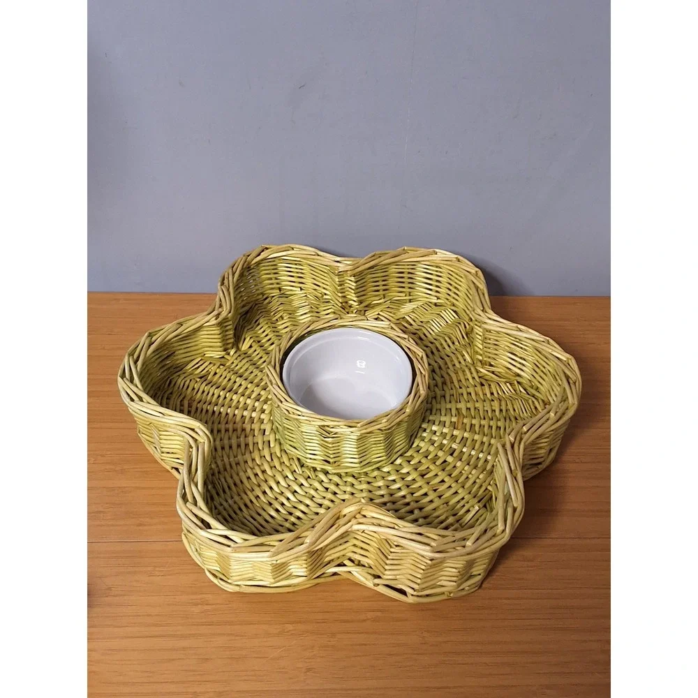 Woven Wicker Flower Chip and Dip Serving Set Lime Green with Ceramic Bowl GVC